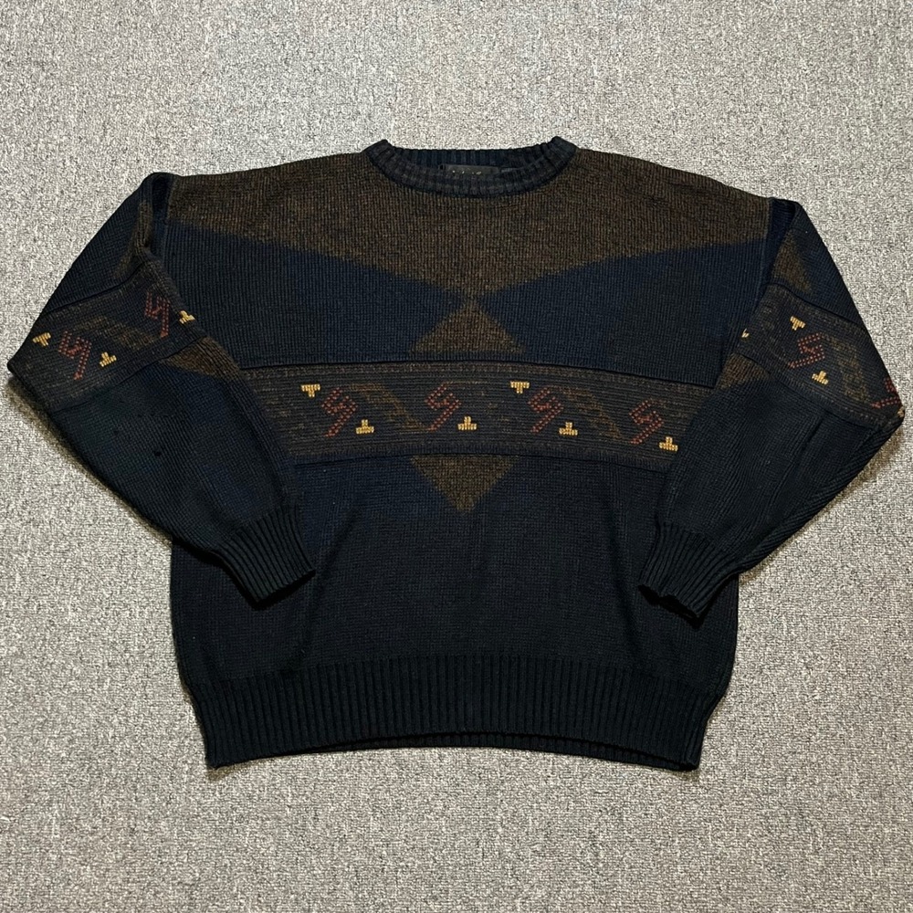 Vintage Michael Gerald XL Geometric Southwest Knit Sweater Black Brown‎